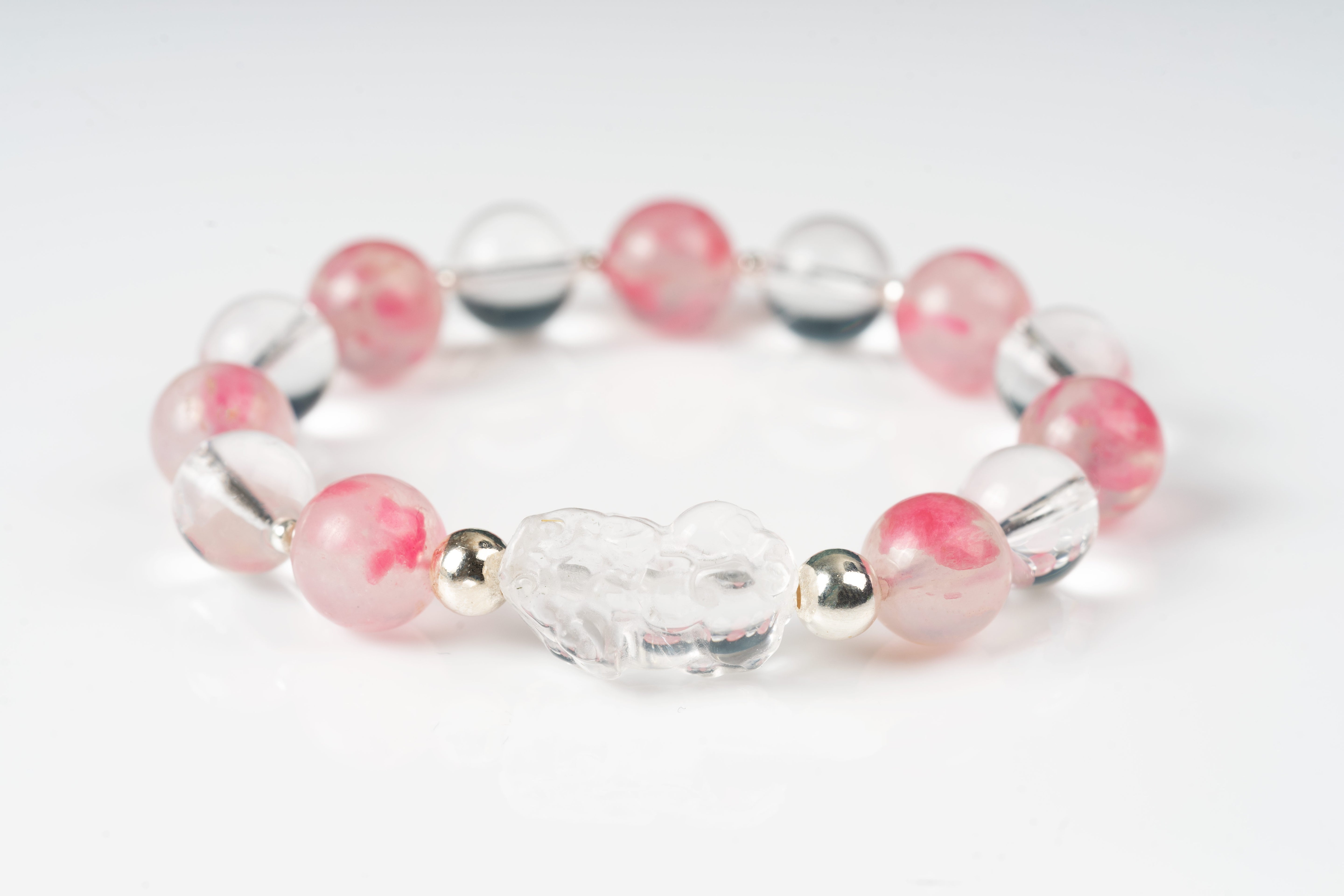 Rhodonite & clear quartz pixiu sterling silver bracelet