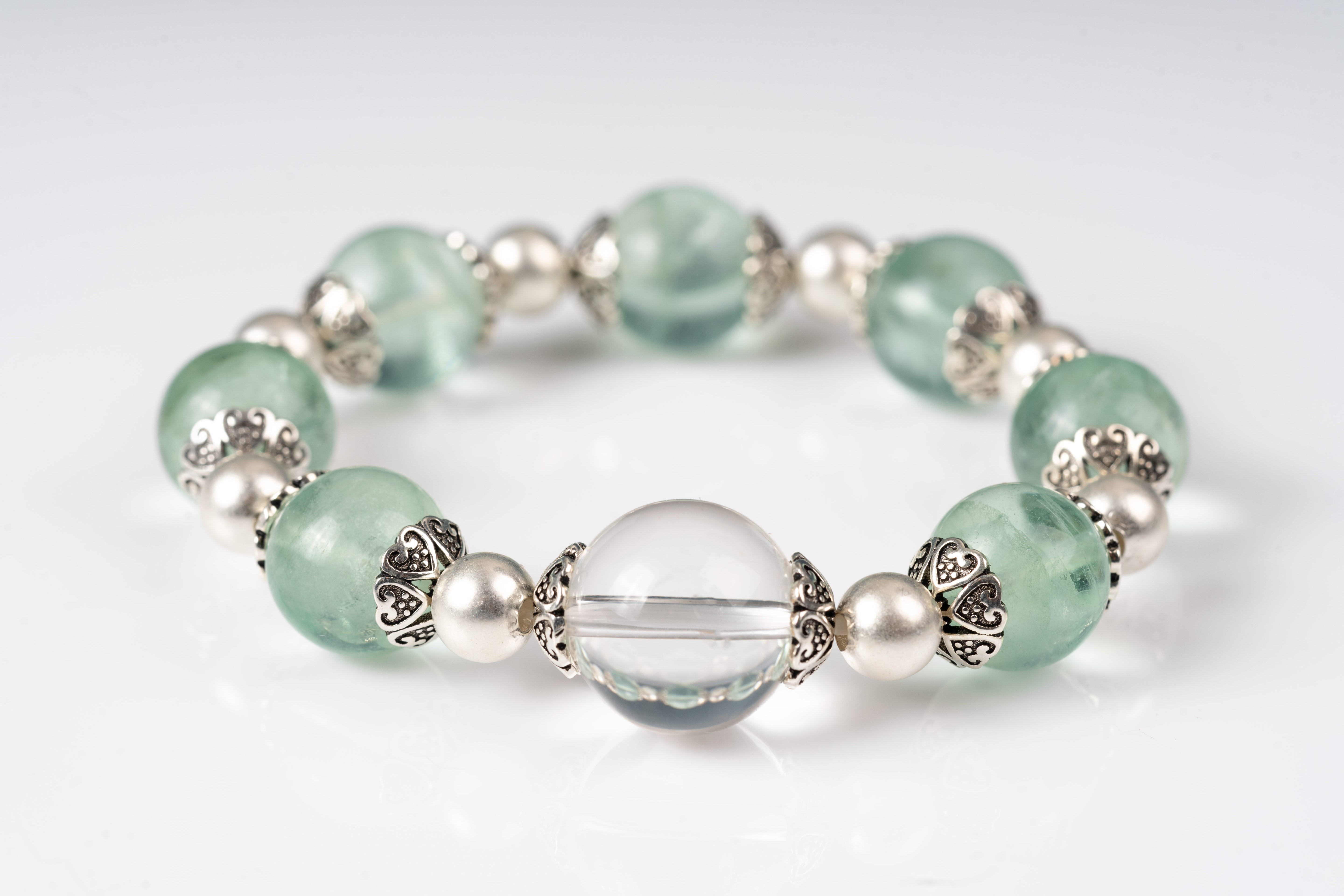 Green fluorite & clear quartz Sterling silver bracelet