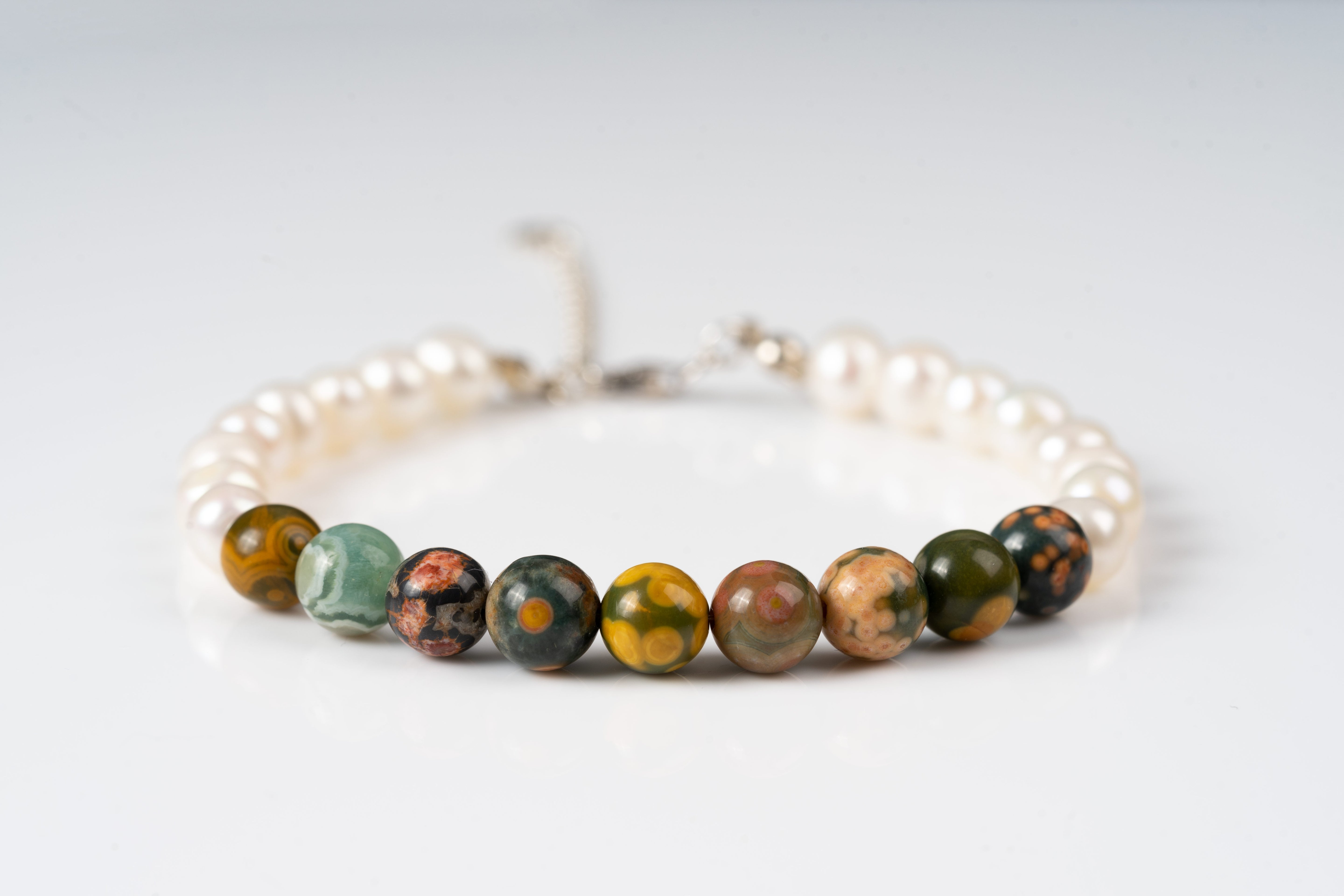 Ocean jasper & pearl sterling silver bracelet