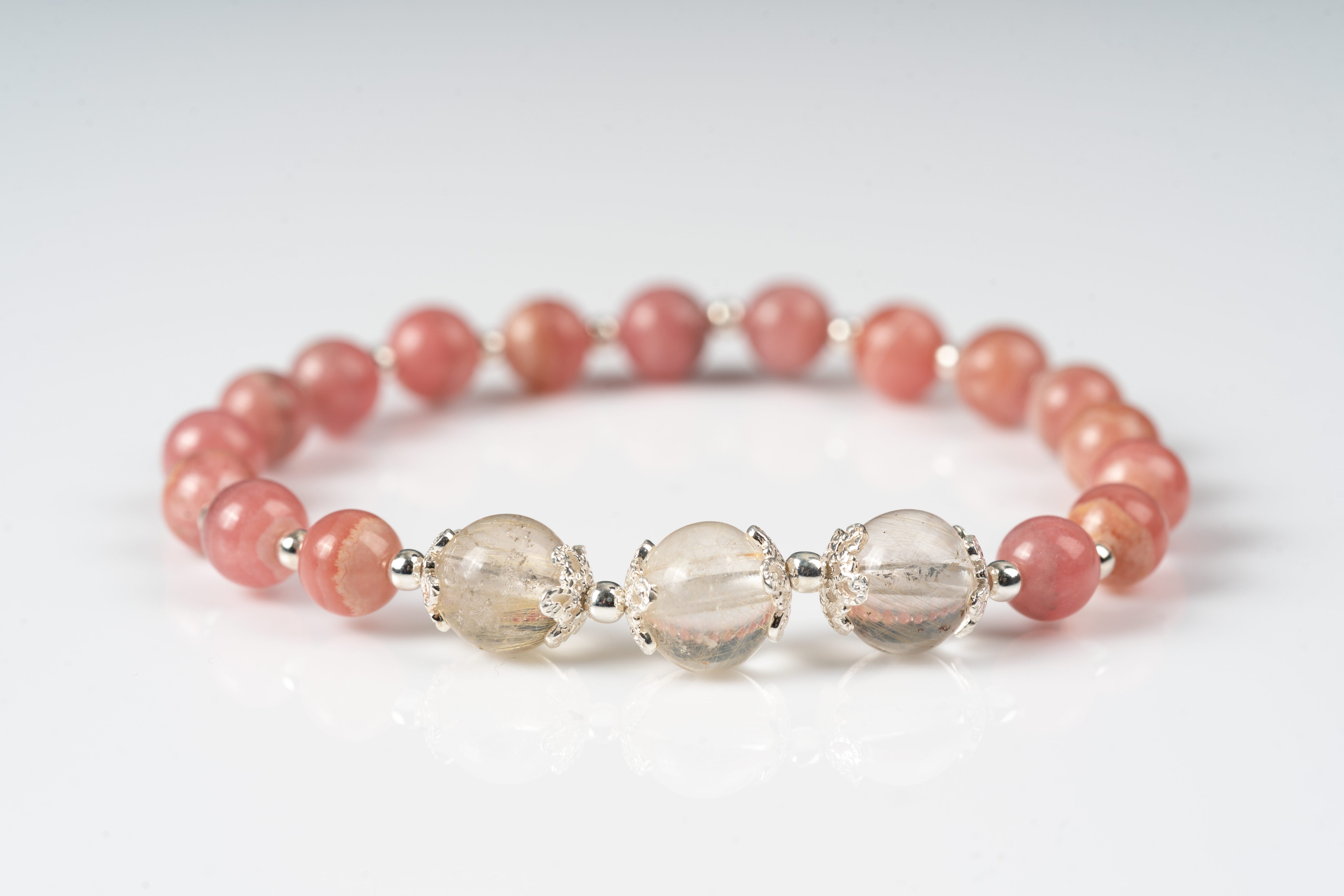 Rhodochrosite & rutiled quartz sterling silver bracelet