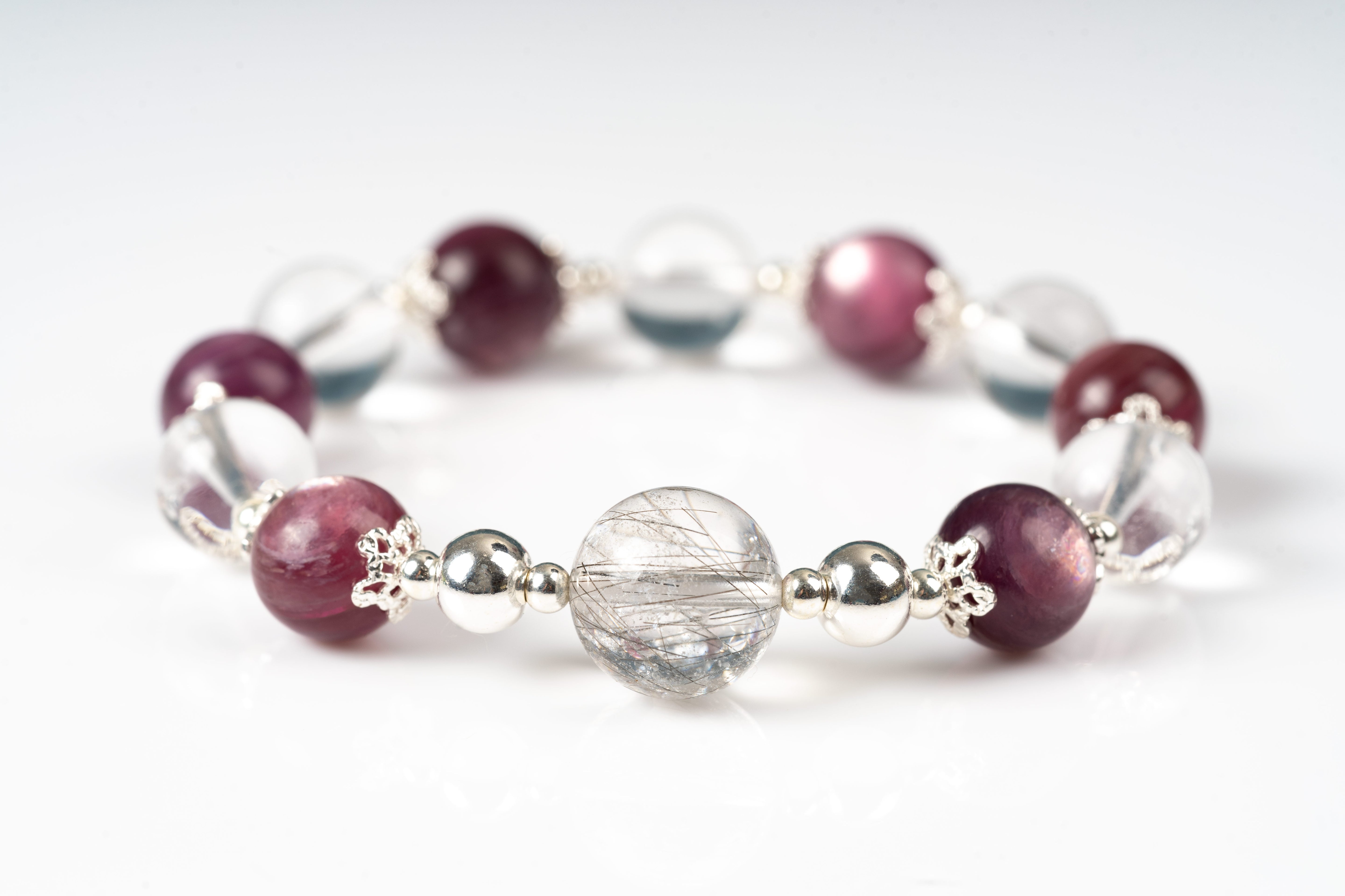 Gem lepidolite & clear quartz Sterling silver bracelet