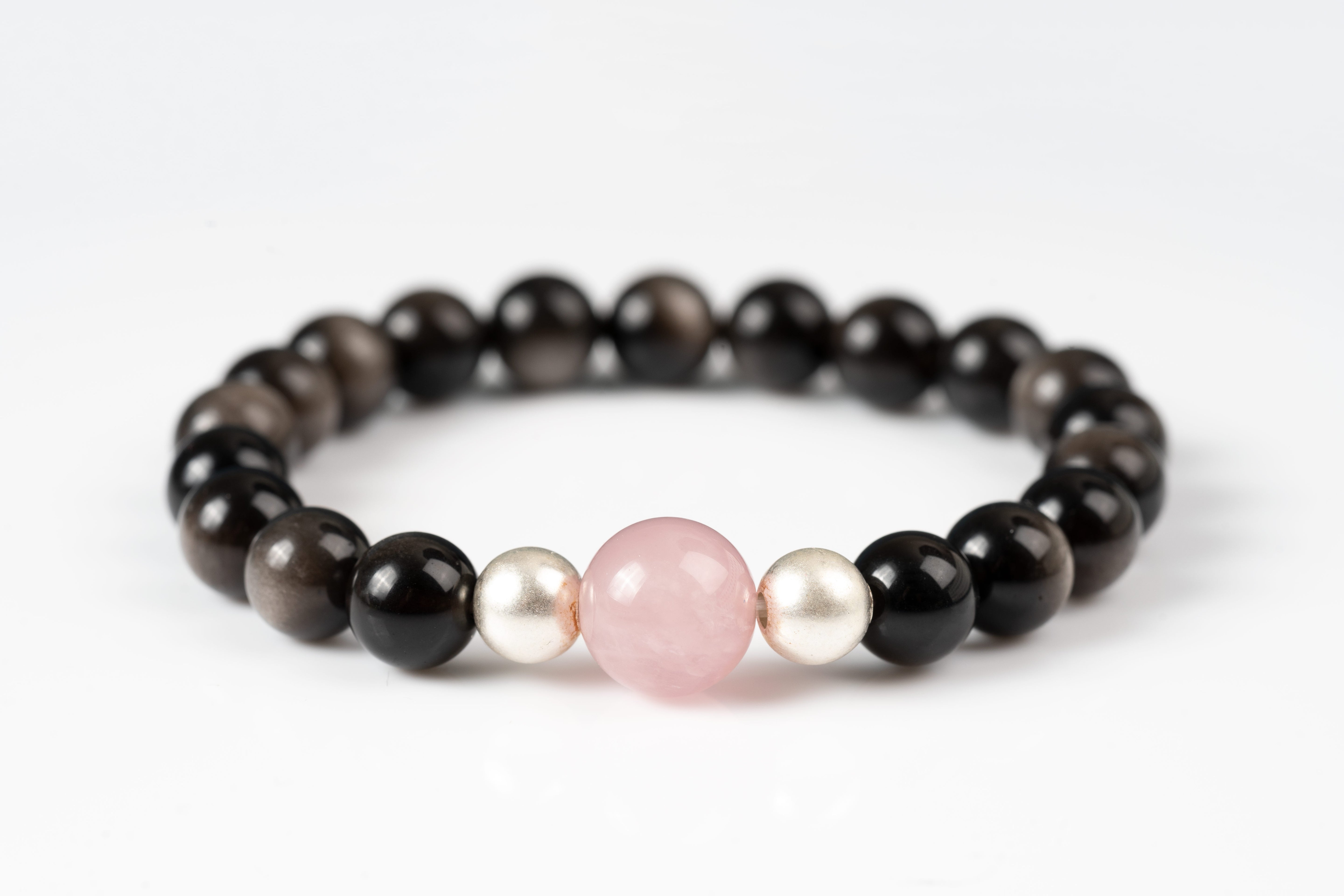 Sliver obsidian & Rose quartz Sterling silver bracelet