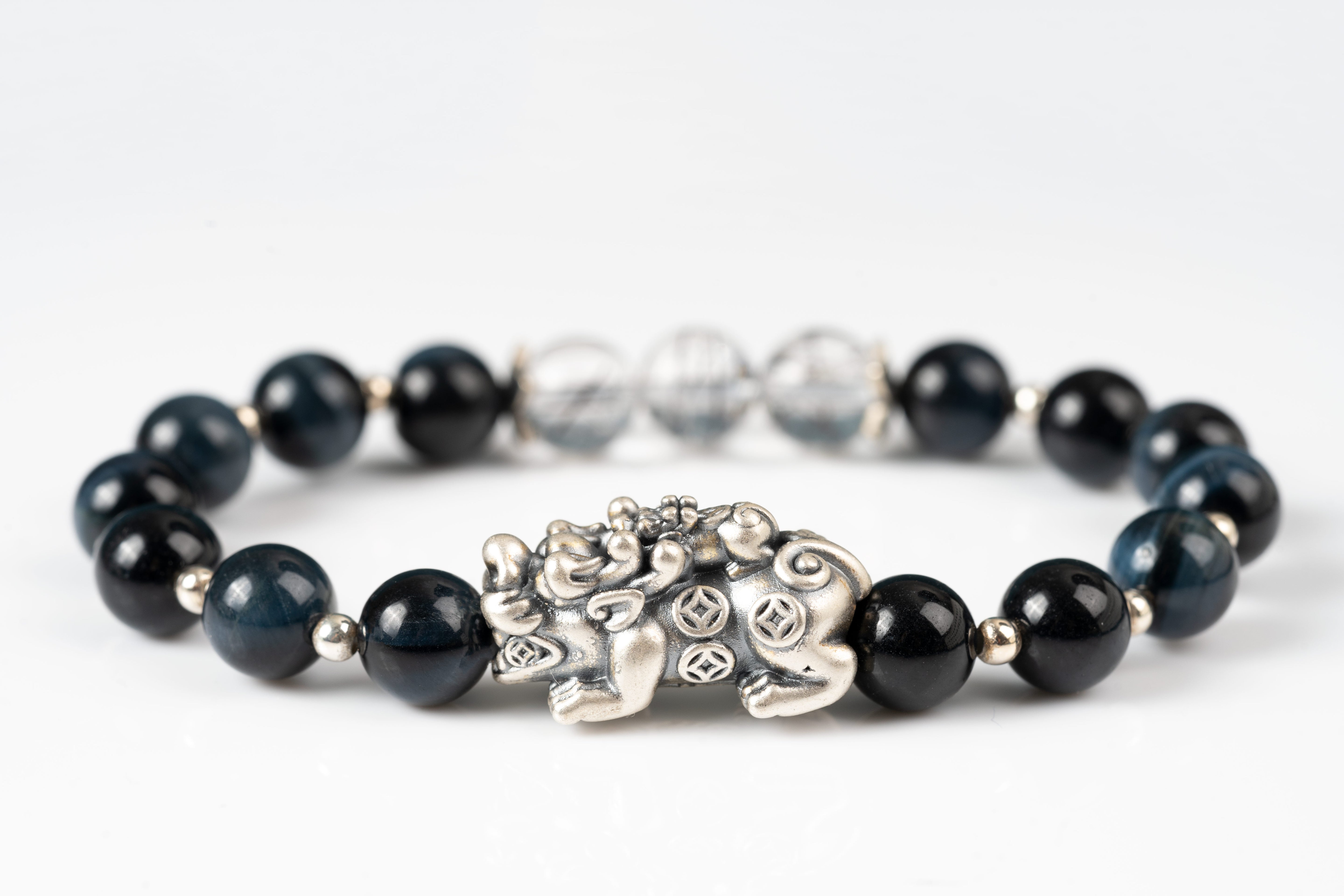 Blue tiger eye & black tourmaline Sterling silver bracelet