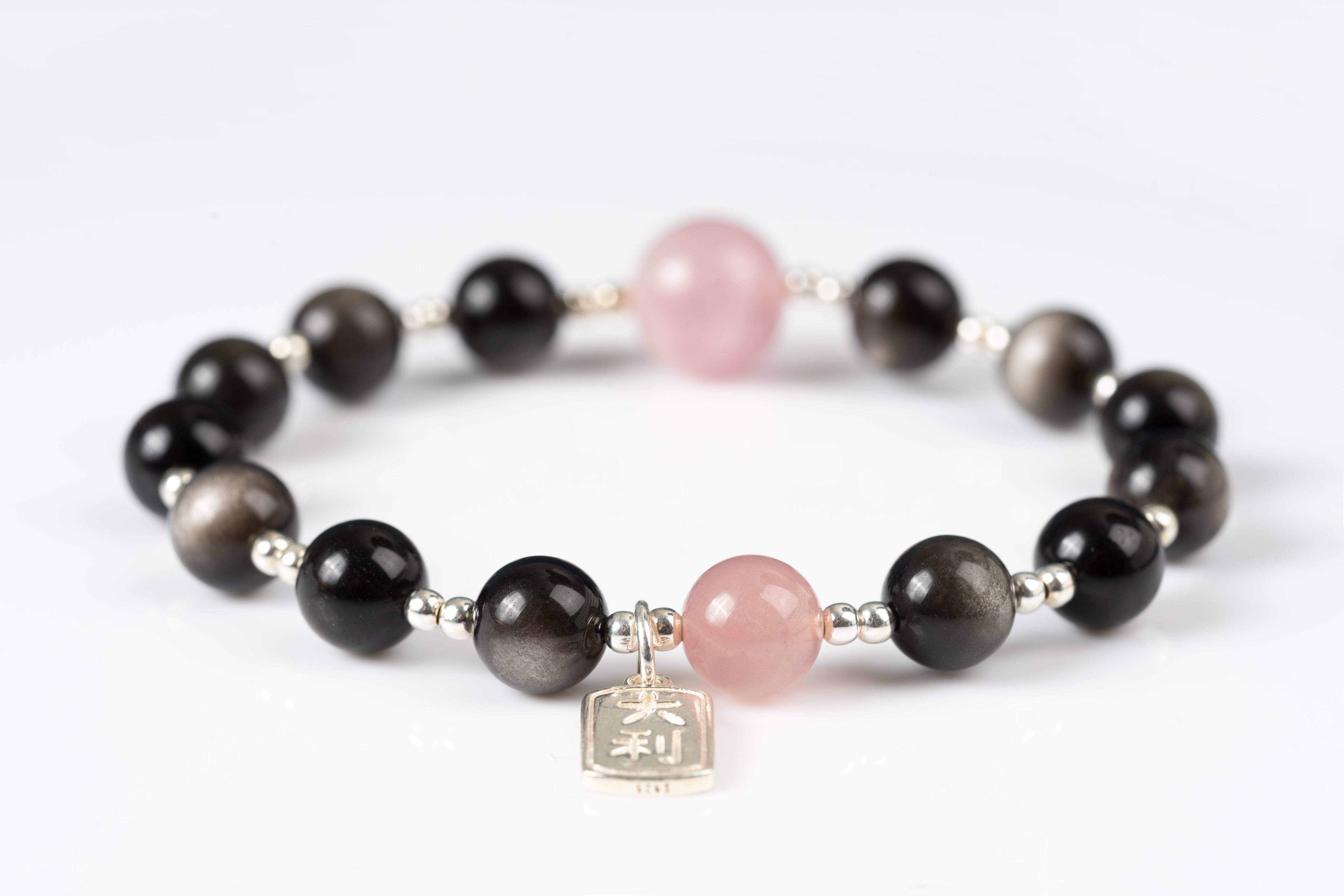 Sliver obsidian & rose quartz Sterling silver bracelet