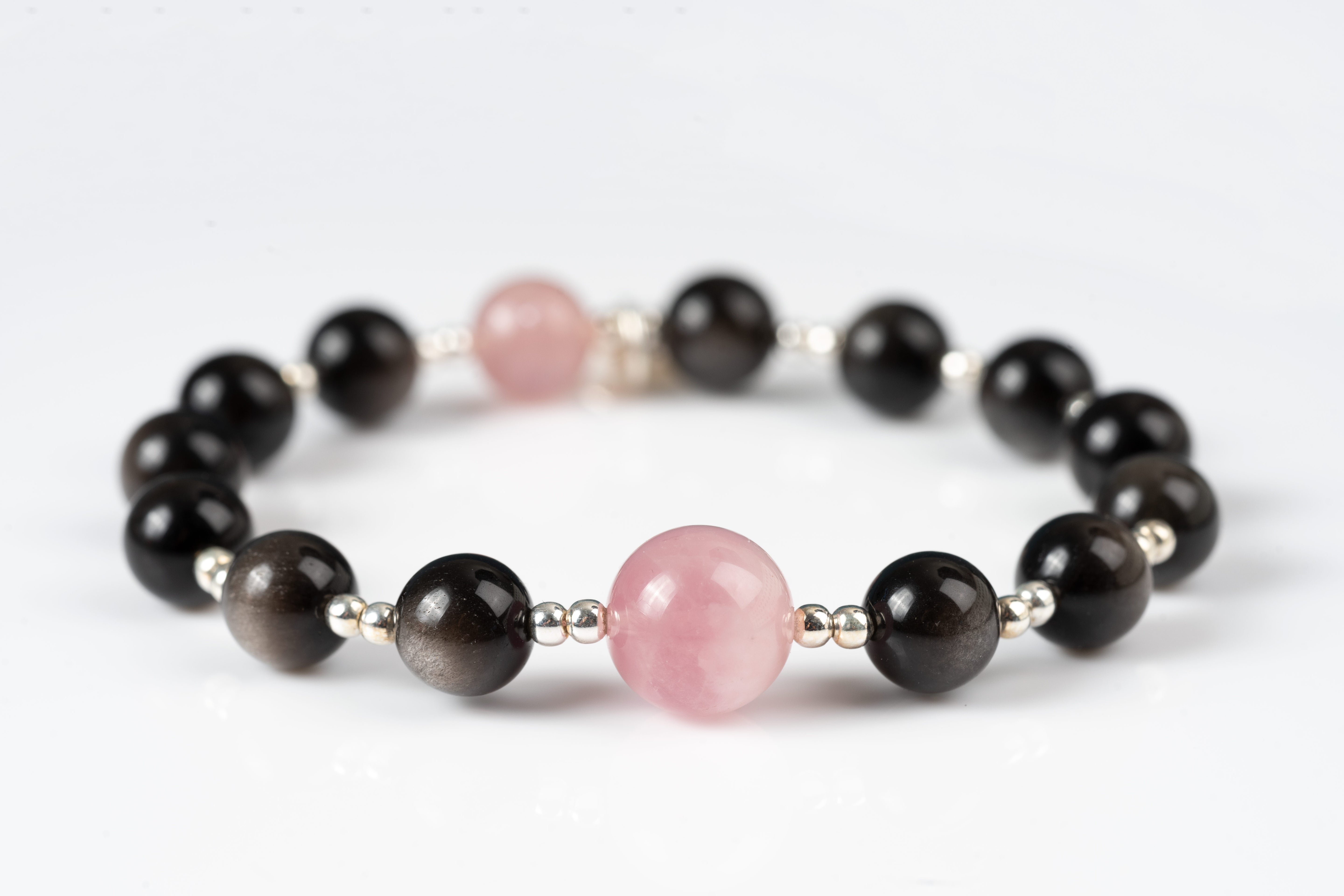 Sliver obsidian & rose quartz Sterling silver bracelet