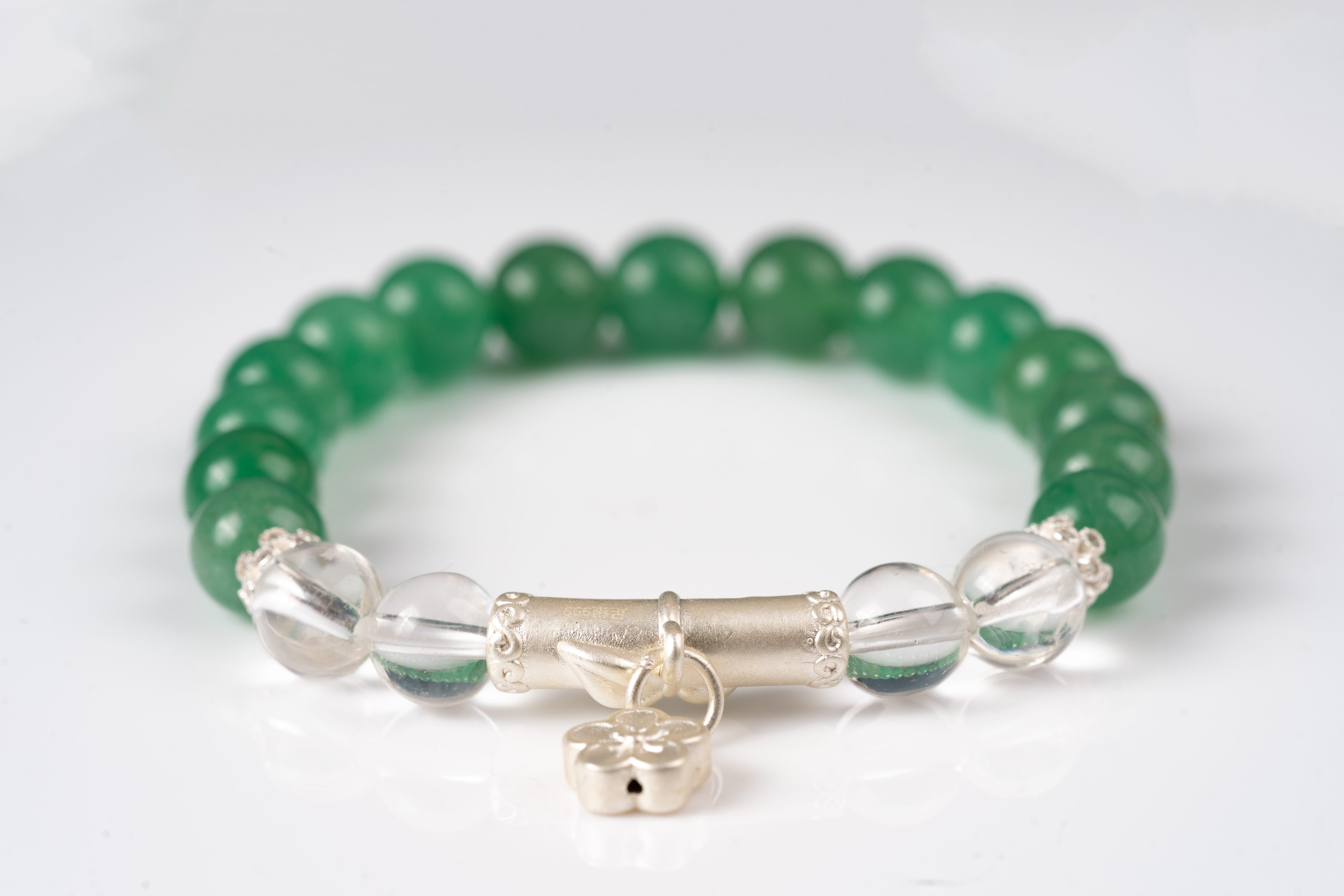 Green aventurine jade & clear quartz sterling silver bracelet