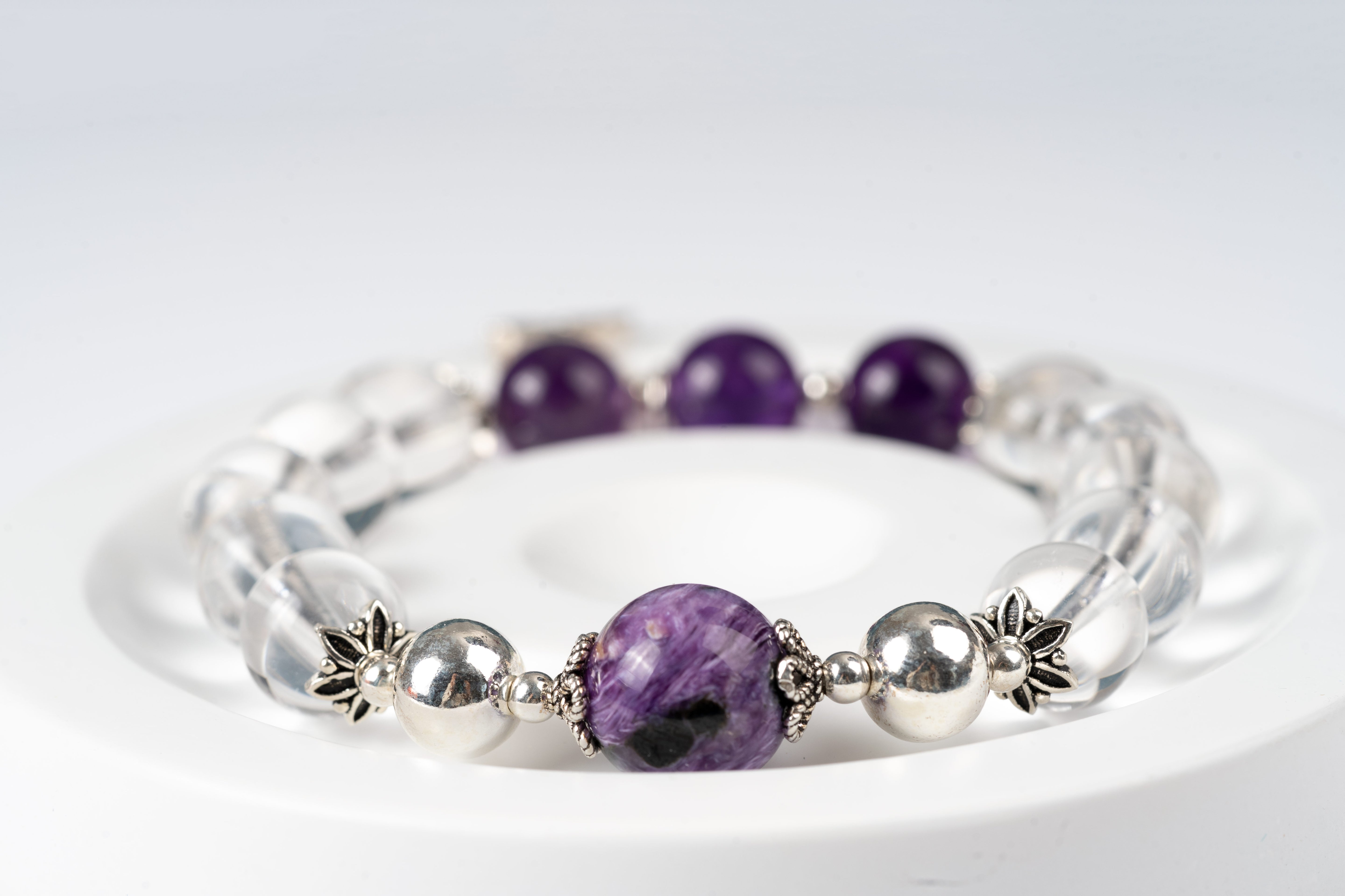 Charoite & amethyst & clear quartz Sterling silver bracelet