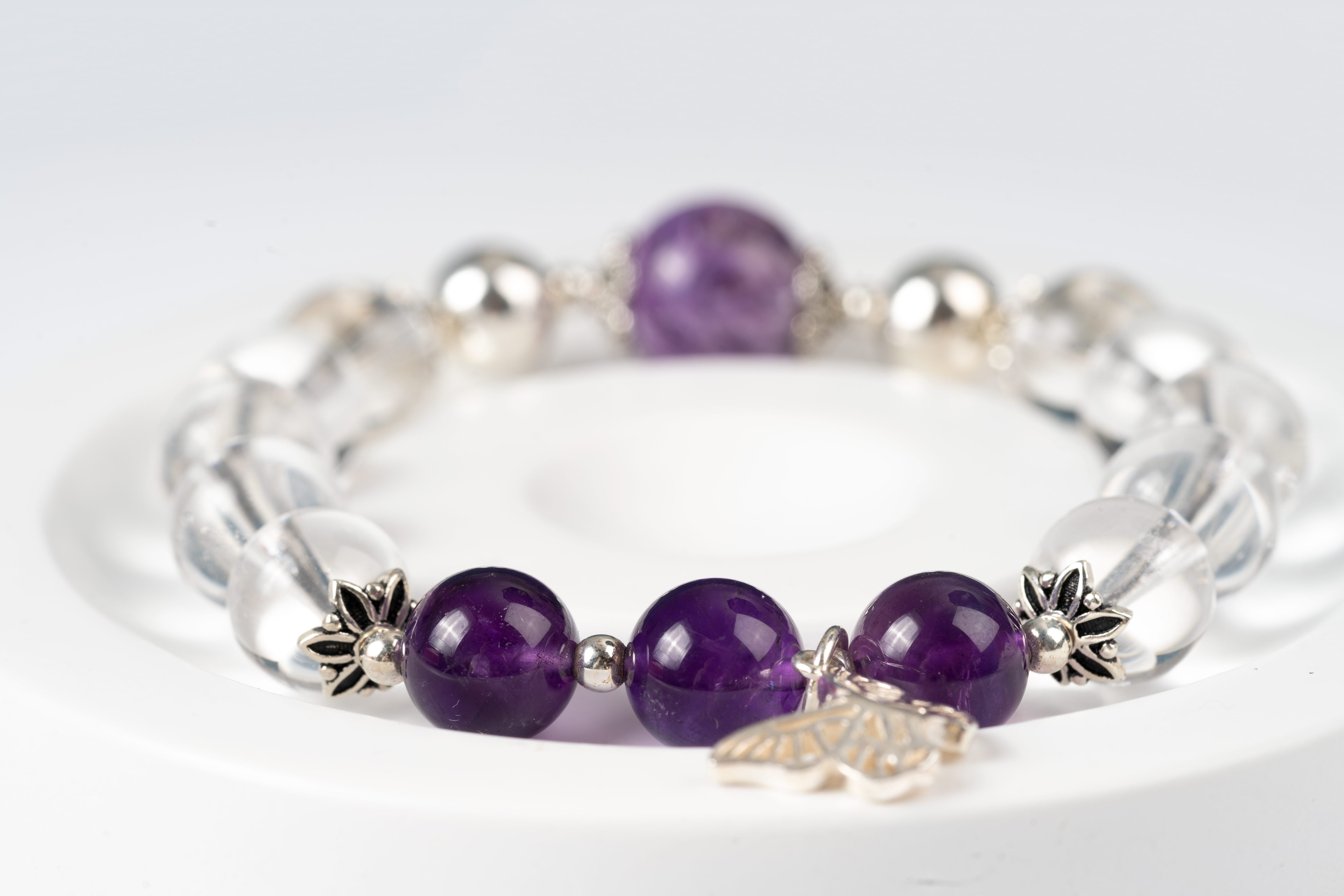 Charoite & amethyst & clear quartz Sterling silver bracelet