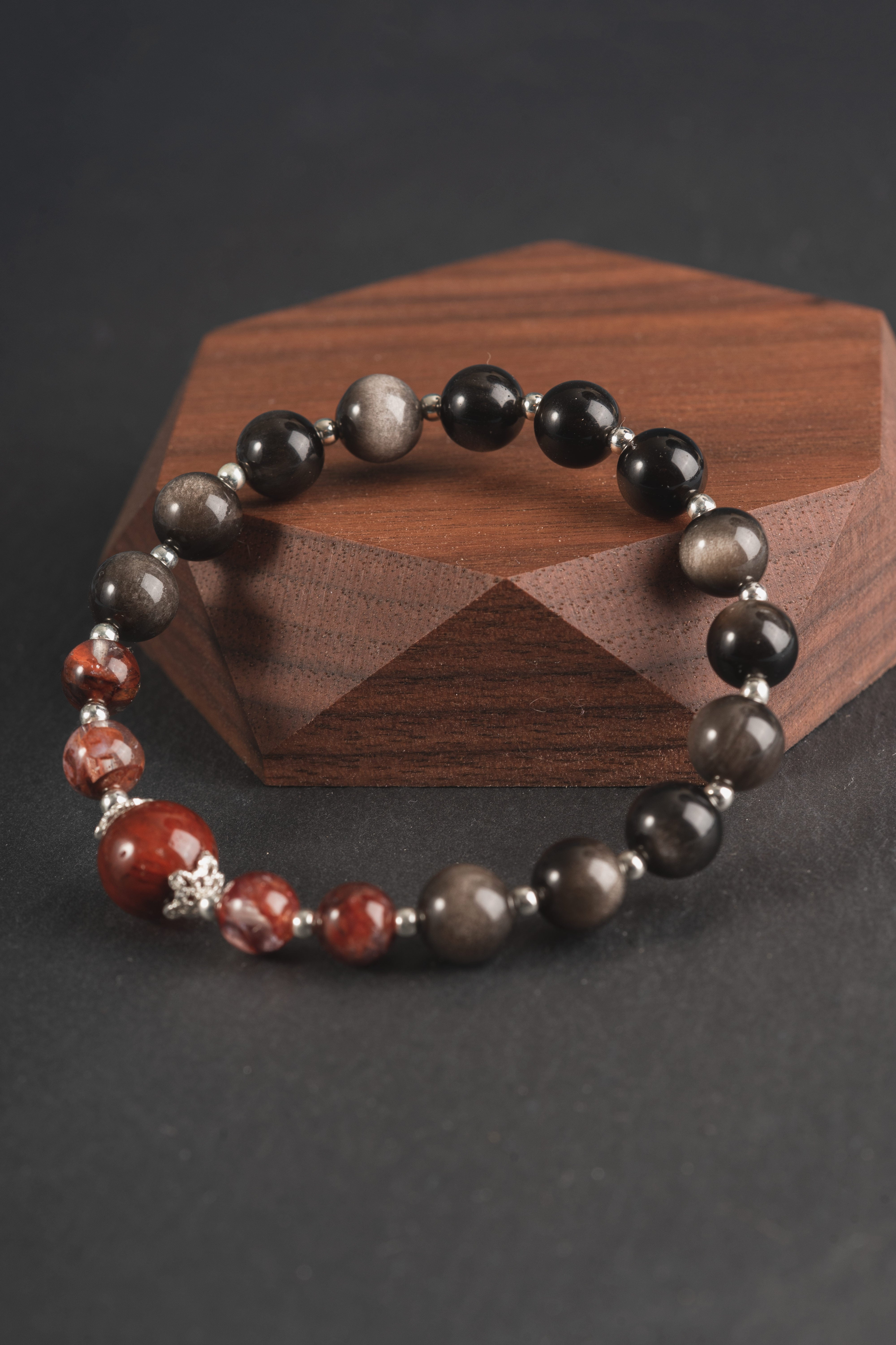 Fire quartz & sliver obsidian Sterling silver bracelet