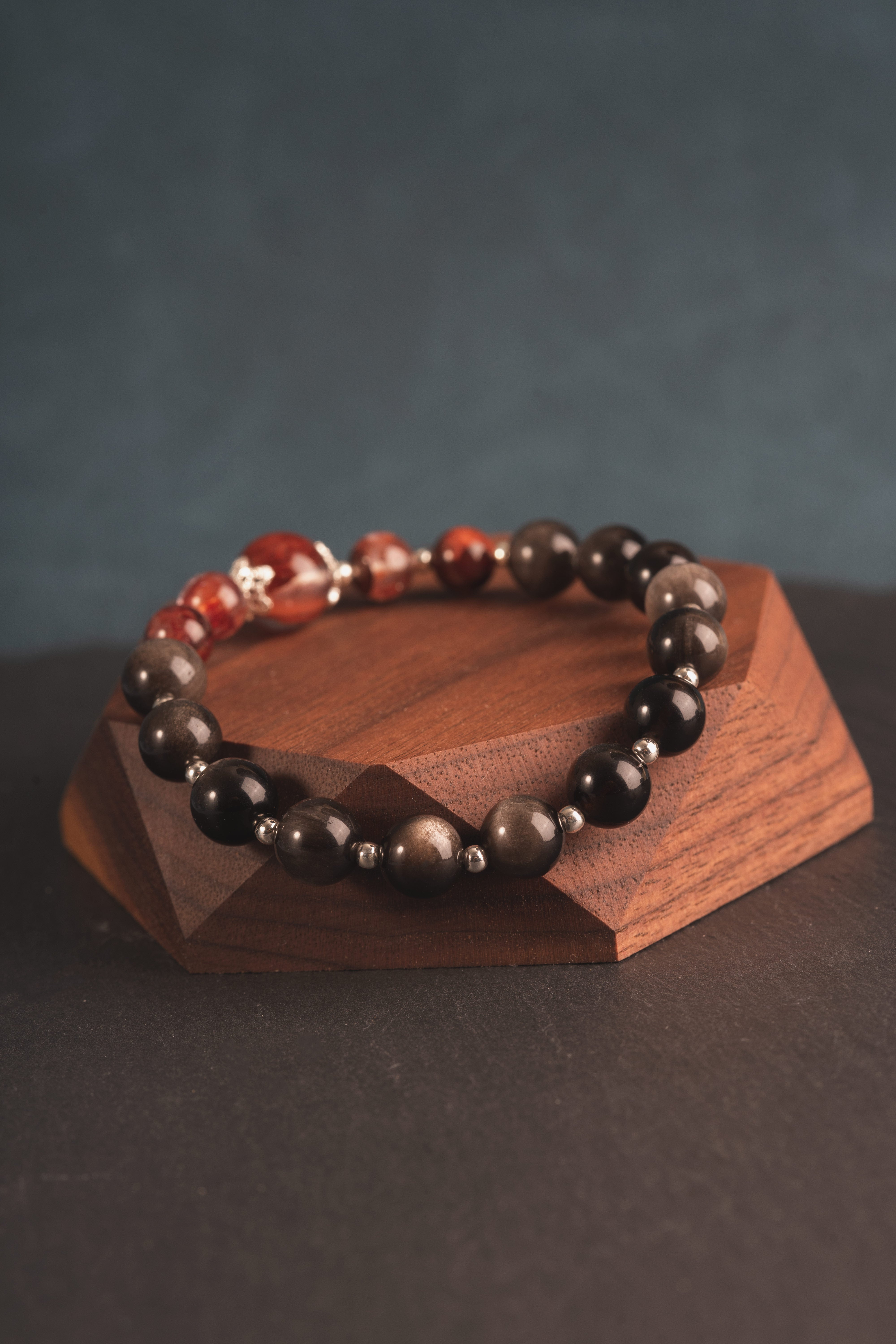 Fire quartz & sliver obsidian Sterling silver bracelet