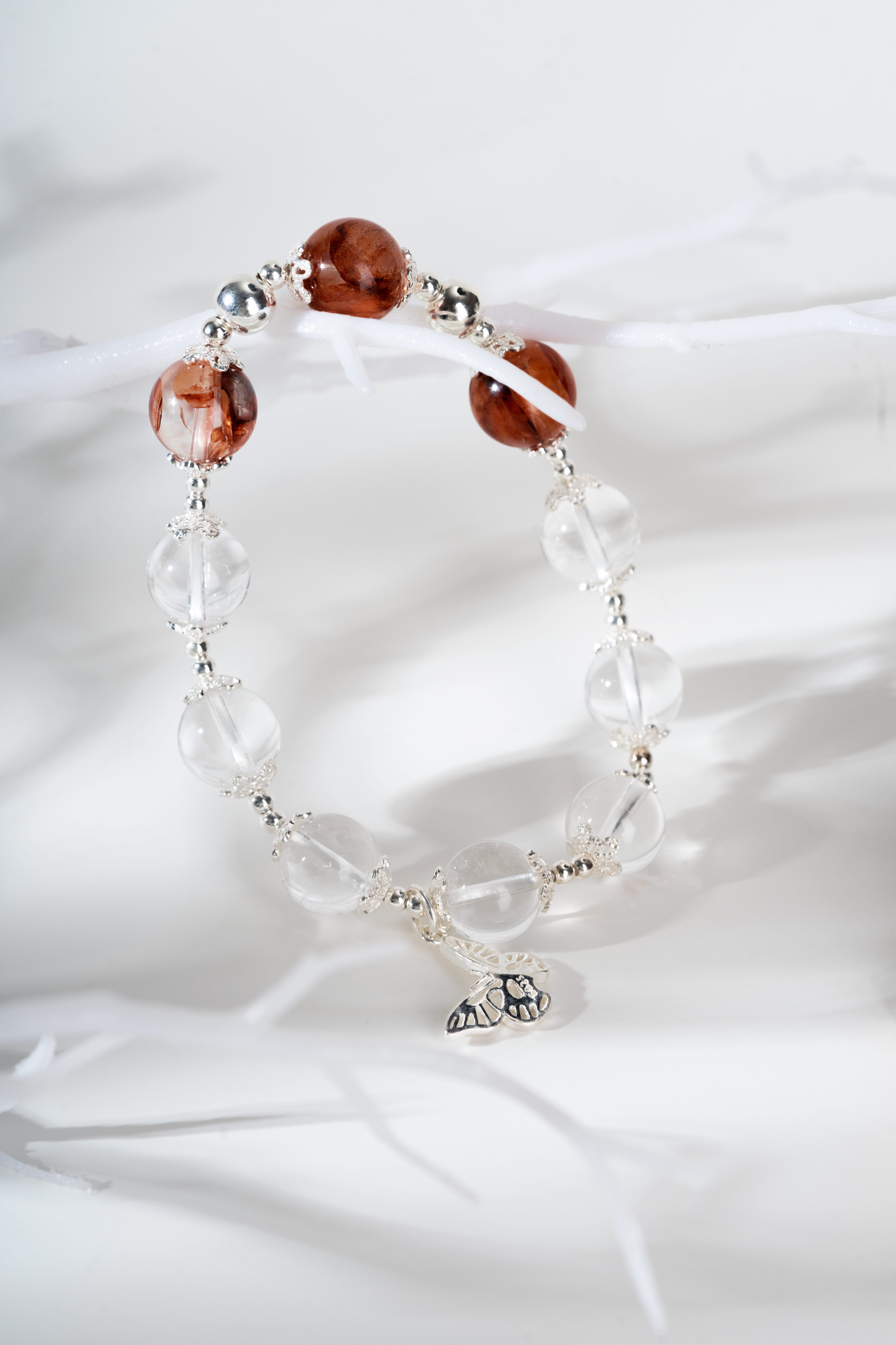 Fire quartz & clear quartz Sterling silver bracelet