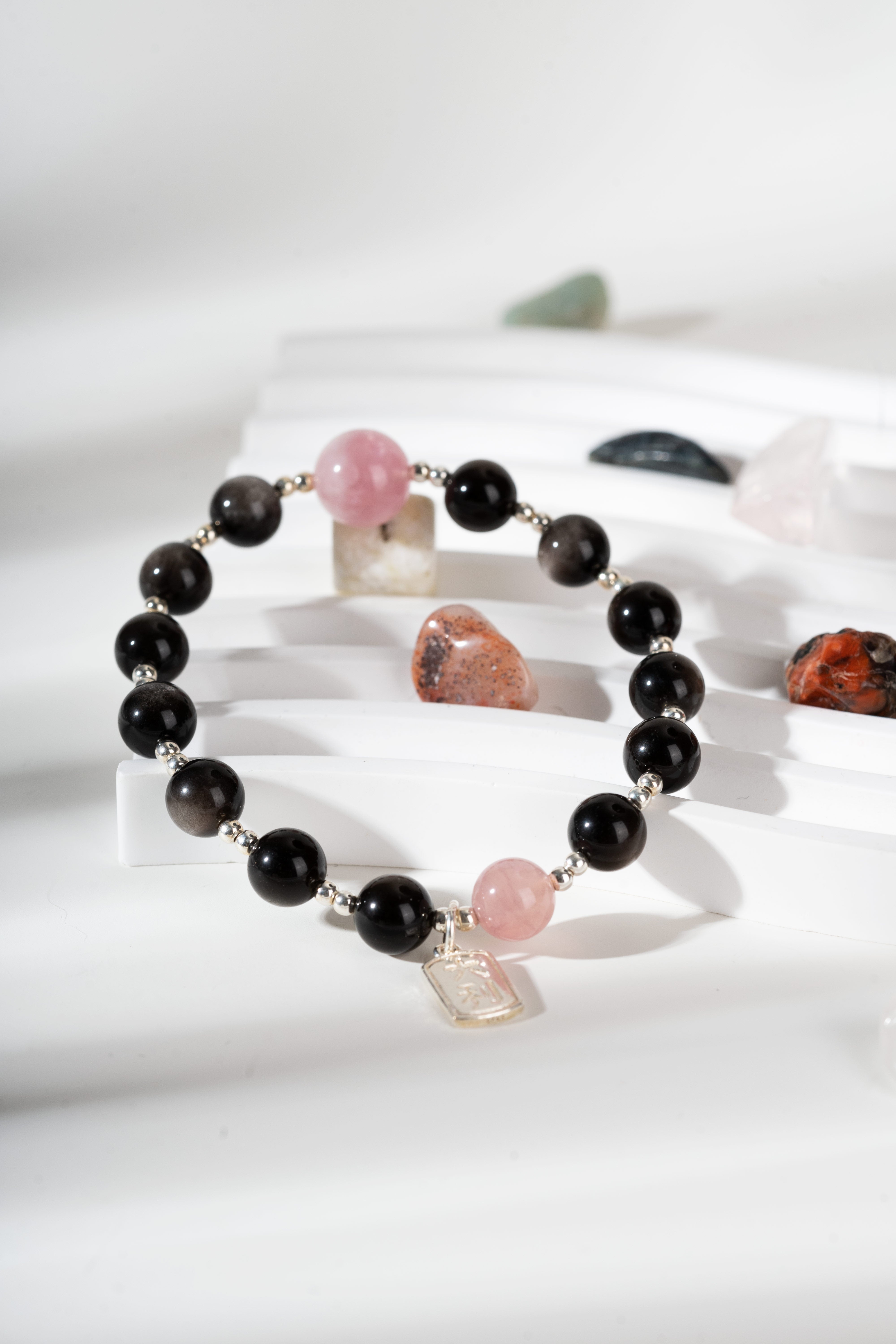 Sliver obsidian & rose quartz Sterling silver bracelet