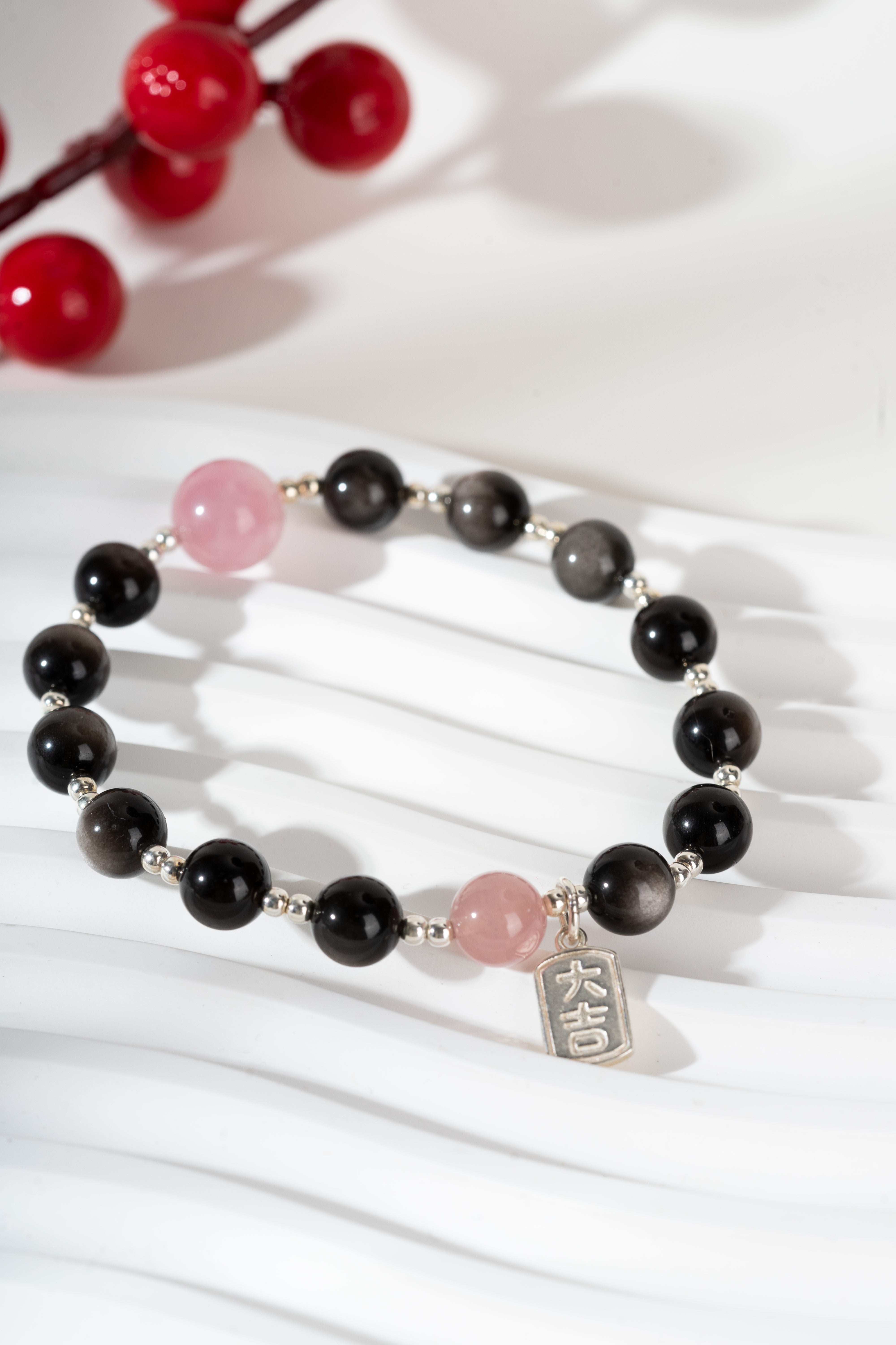 Sliver obsidian & rose quartz Sterling silver bracelet