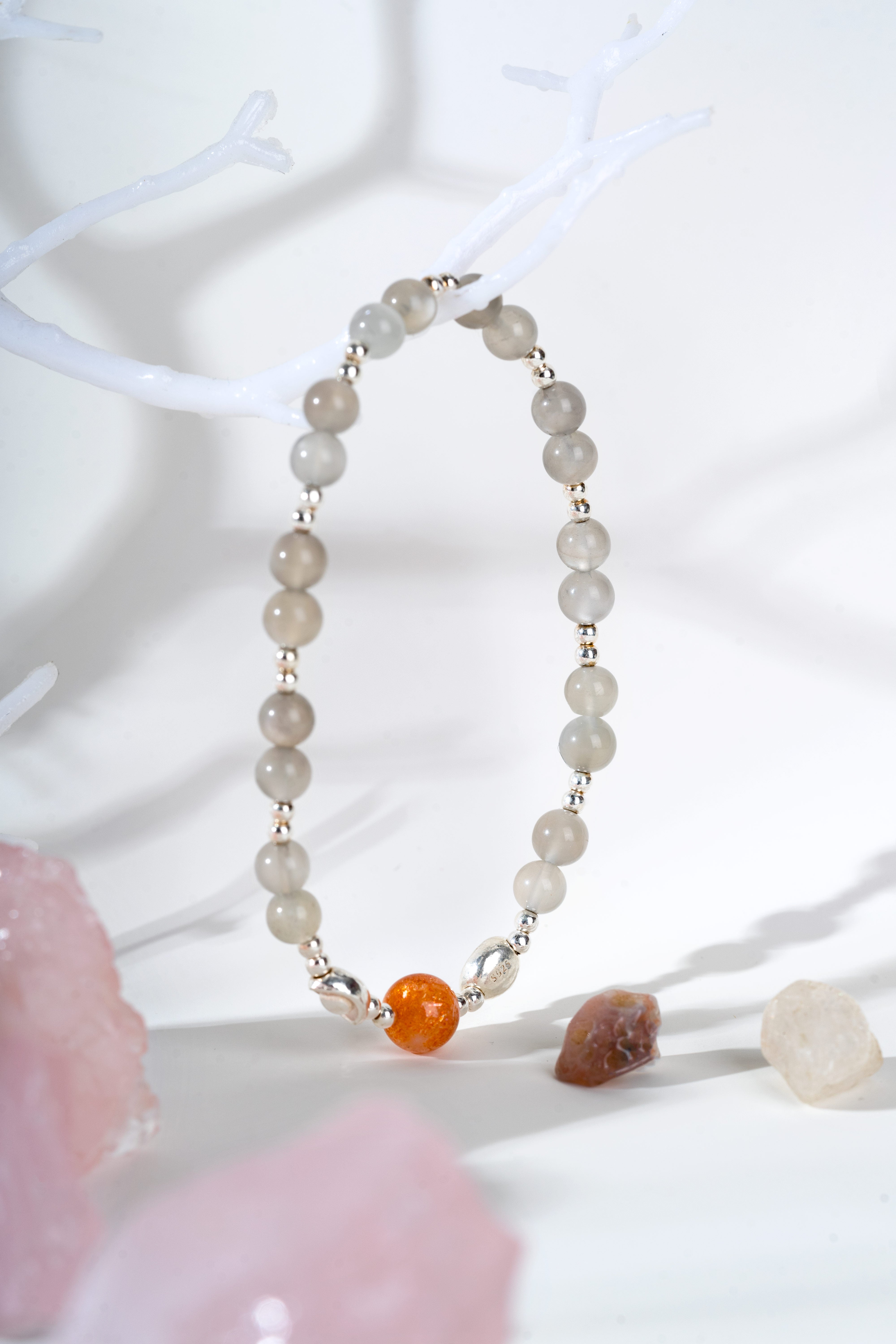 sunstone  & gray moonstone sterling silver bracelet