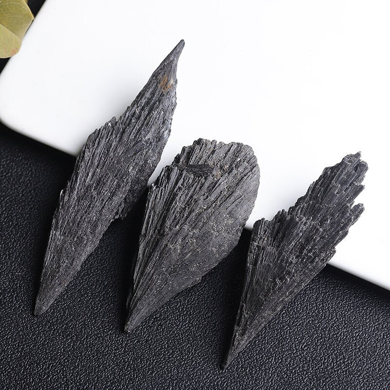 Natural Black Tourmaline Feather Specimen, Black Kynaite