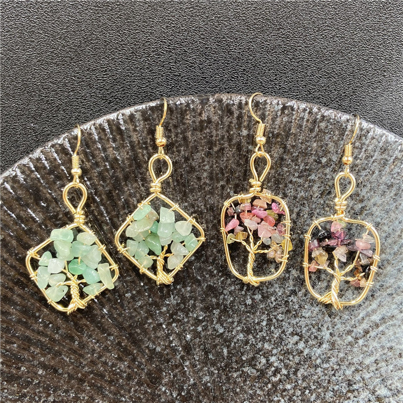 Heart-shaped tree of life crystal earrings