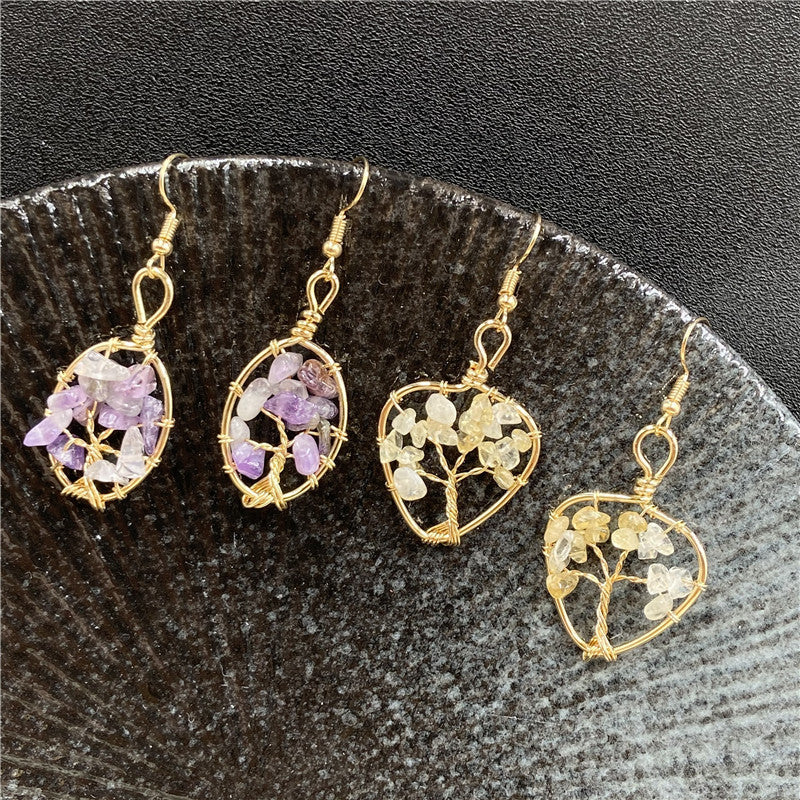 Heart-shaped tree of life crystal earrings