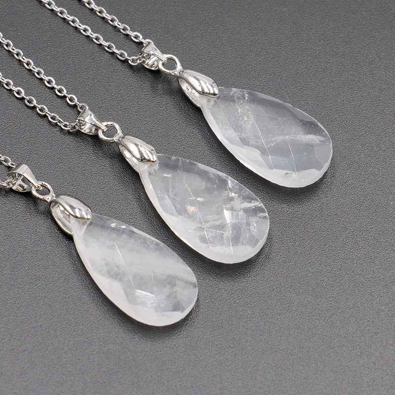 Natural Crystal Water Drop Faced Cut Pendant Necklace