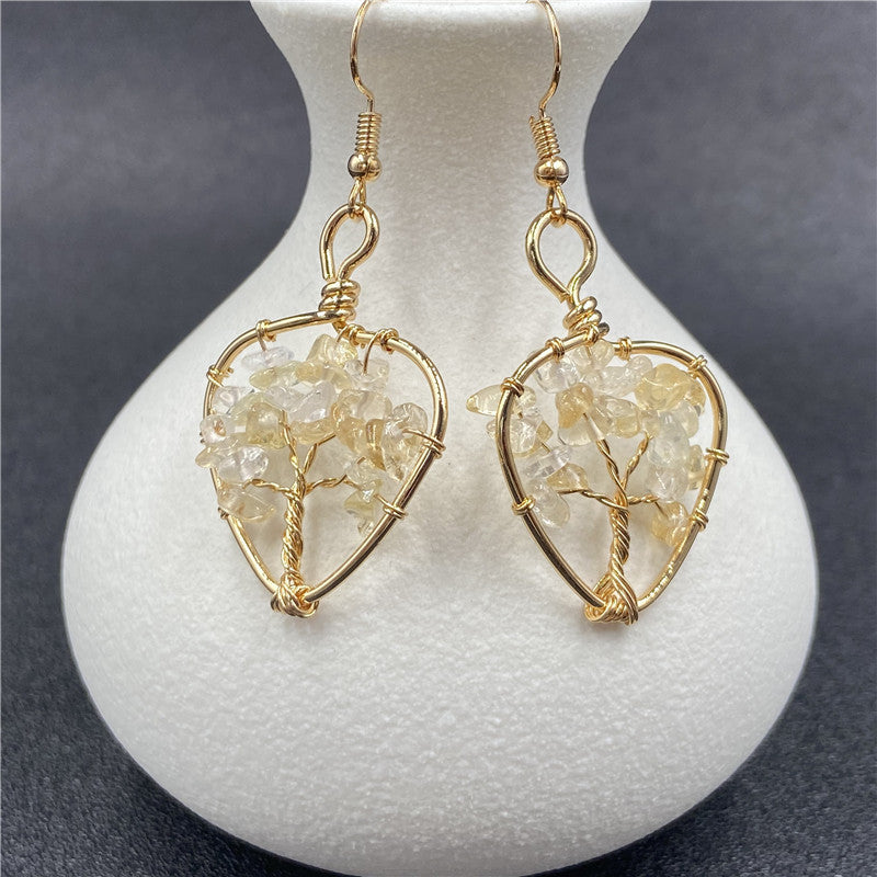 Heart-shaped tree of life crystal earrings