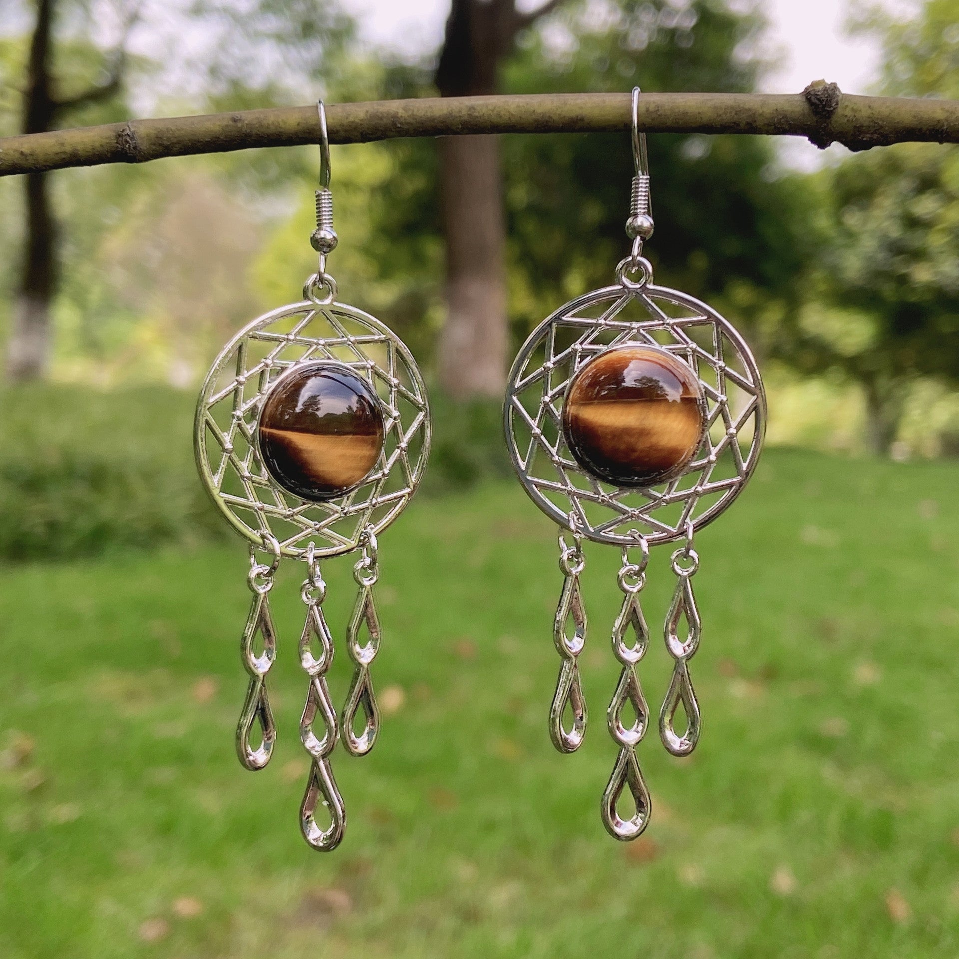 Rock crystal jade dream catcher earrings