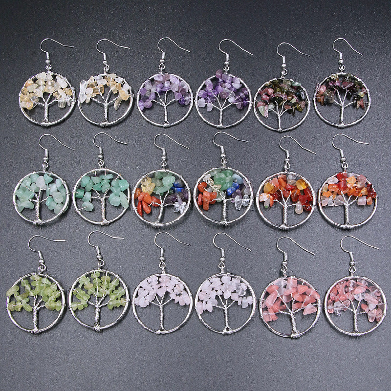 Rock crystal colorful tree root tree of life earrings