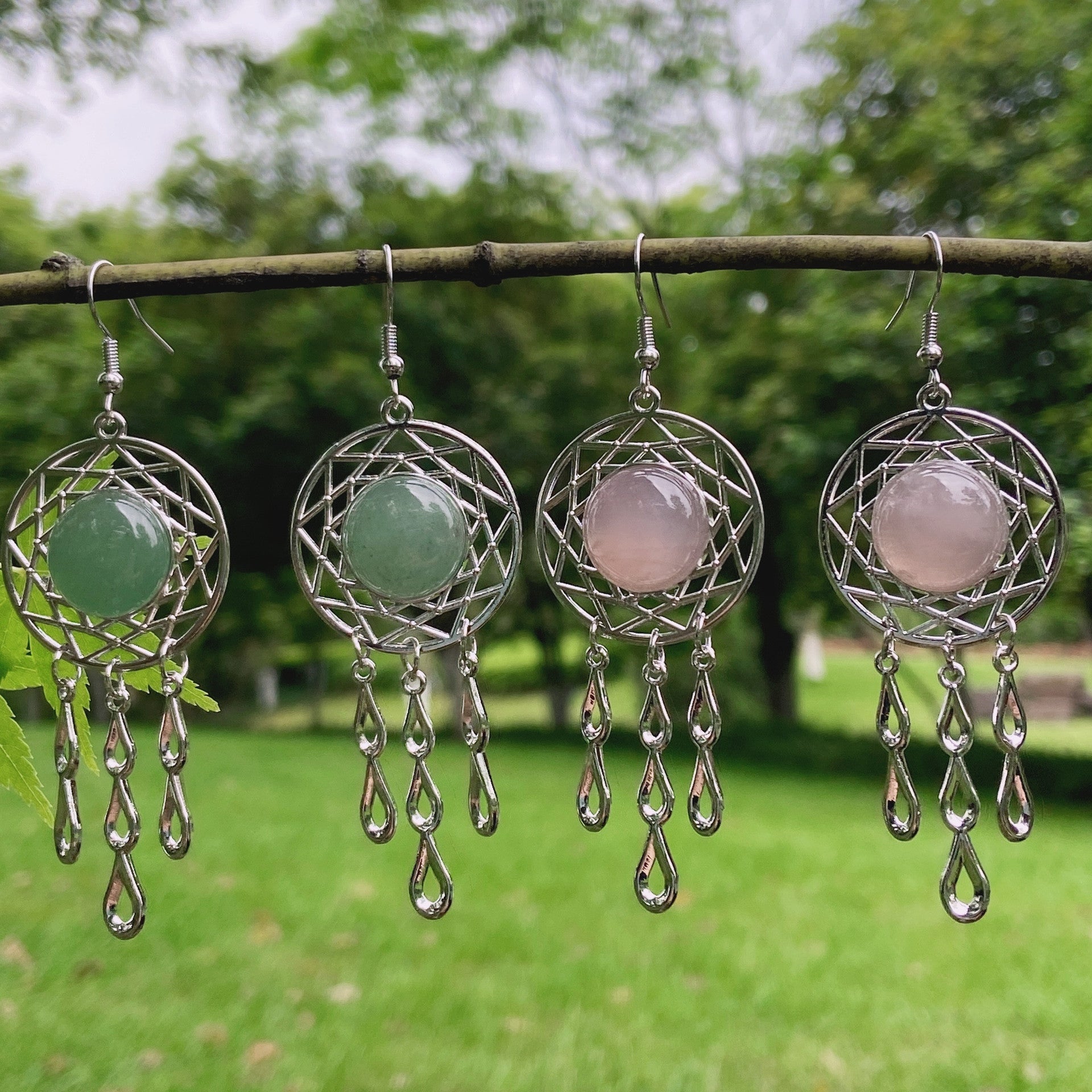 Rock crystal jade dream catcher earrings