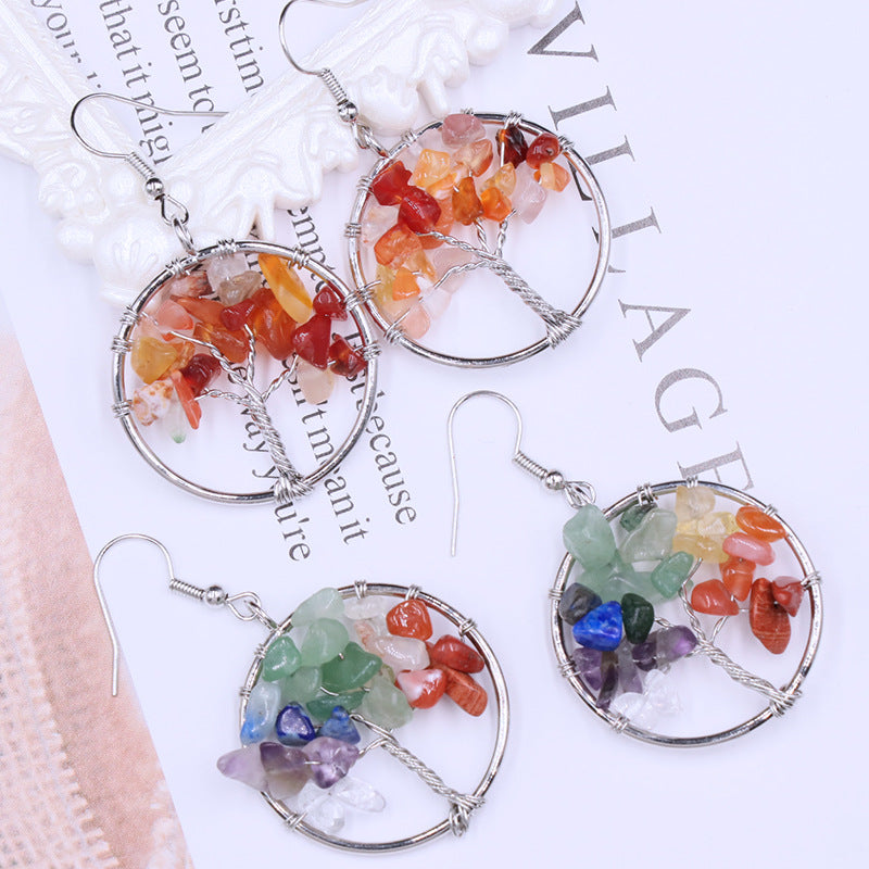 Rock crystal colorful tree root tree of life earrings